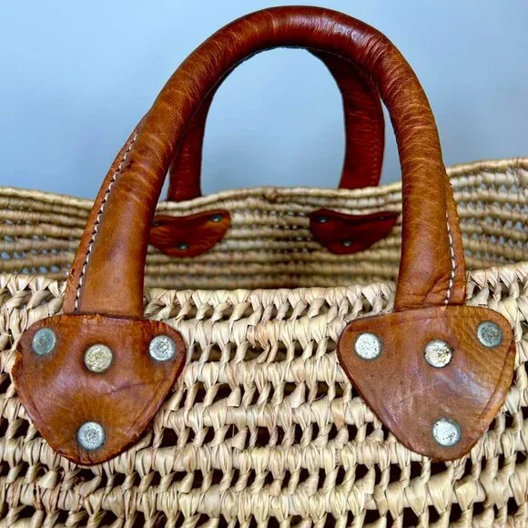 Vintage Leather Handled Handwoven Moroccan Basket Tote